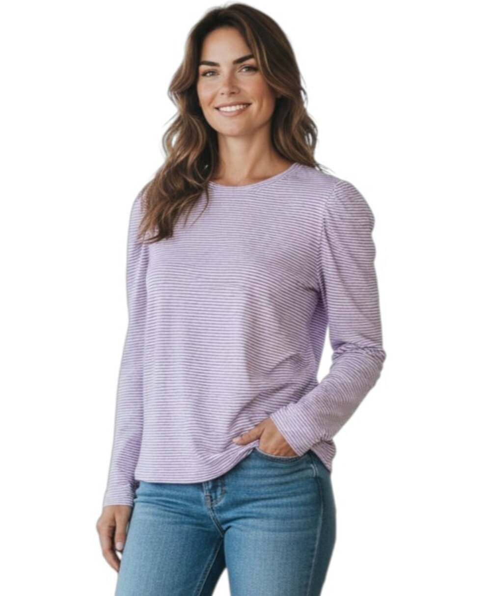 SKIES ARE BLUE Women L Striped Top Long Sleeve Purple White Cotton Blend 38"